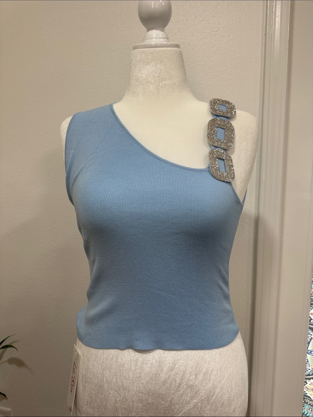 One-Shoulder Light Blue Tank with Decorative Rhinestone Buckles